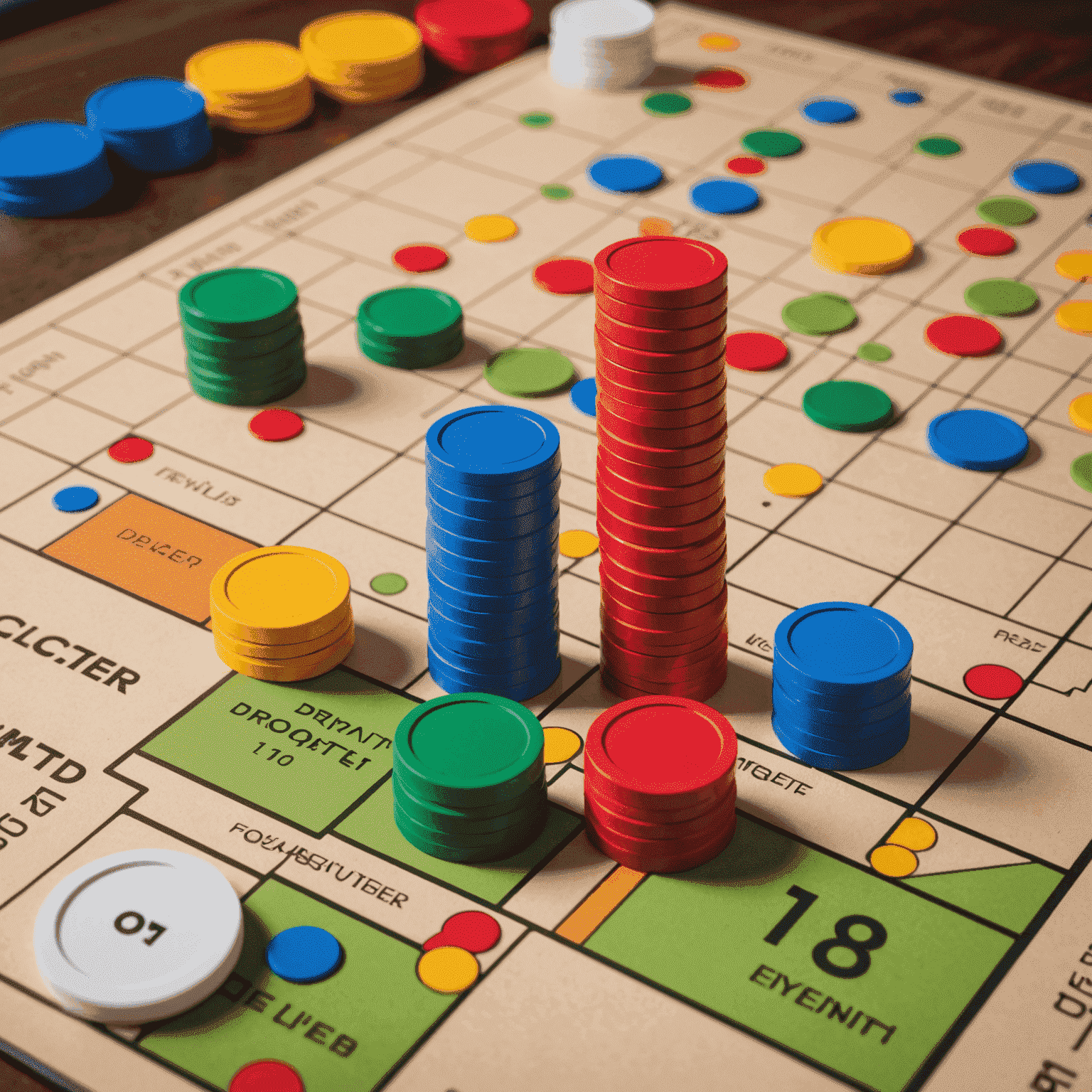 Un tablero de juego con fichas de diferentes colores representando inversiones y gráficos de crecimiento en el fondo