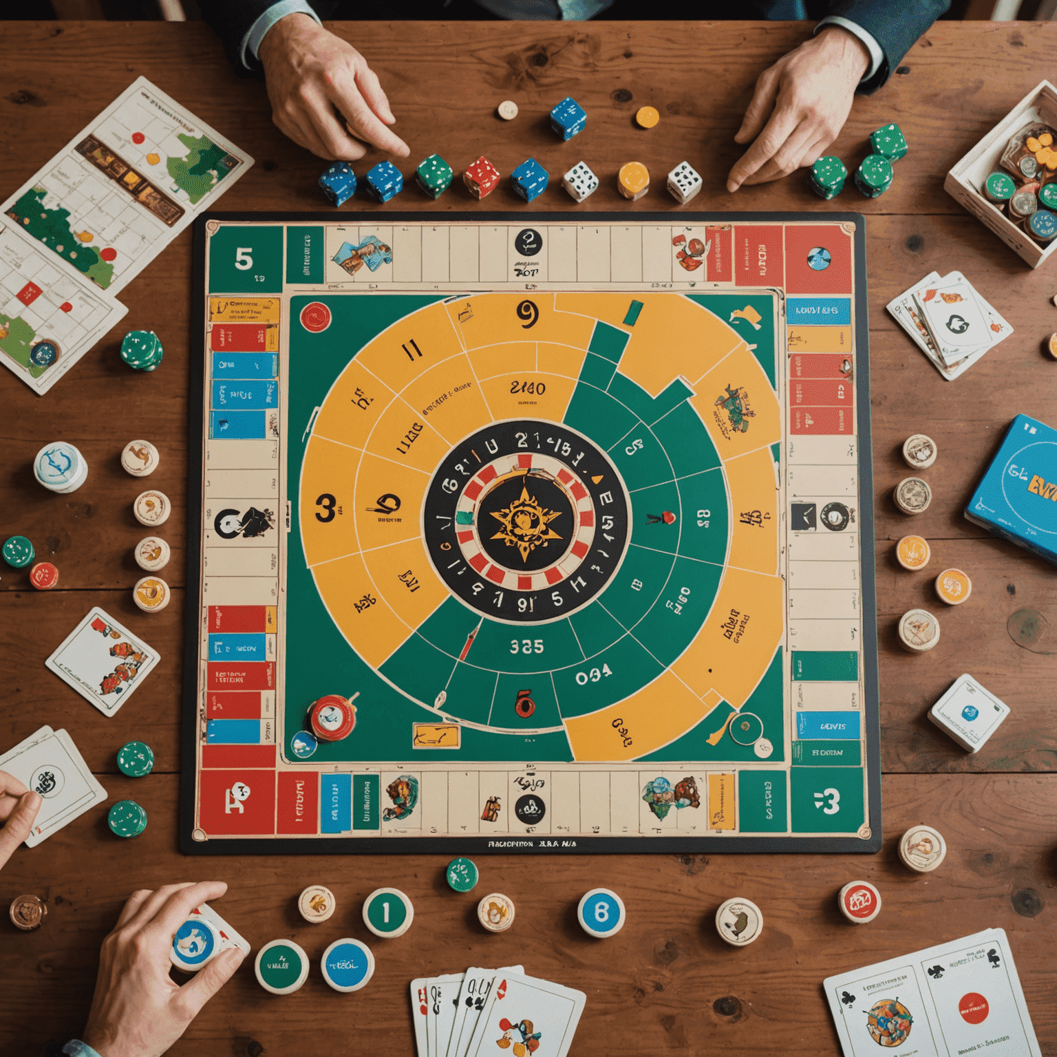 Cinco juegos de mesa populares de 2024 dispuestos en una mesa de madera, con fichas de inversión y gráficos de crecimiento superpuestos