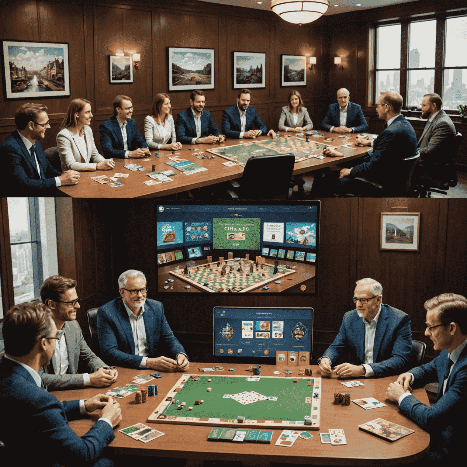 Collage mostrando una campaña de crowdfunding para juegos de mesa en una plataforma en línea junto a una reunión tradicional de inversores en una sala de juntas