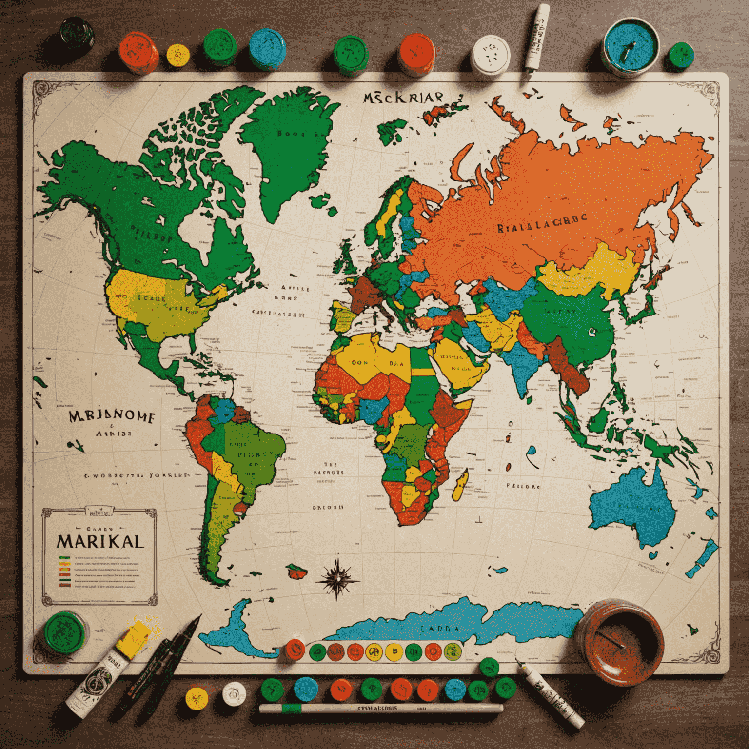 Mapa mundial con marcadores resaltando mercados emergentes de juegos de mesa en diferentes regiones