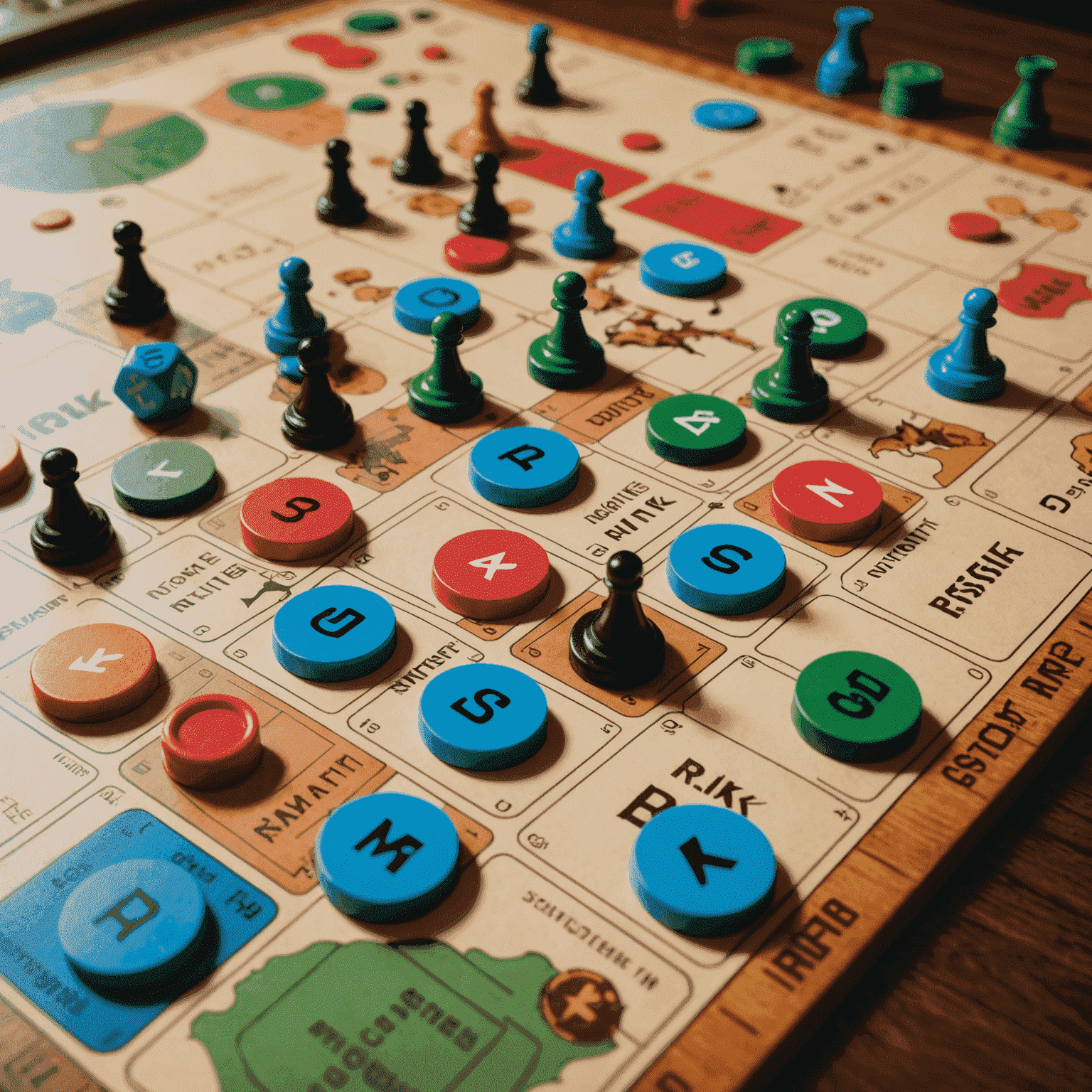 Imagen de un tablero de juego de estrategia con fichas de inversión y gráficos de riesgo superpuestos, representando la evaluación de riesgos en inversiones de juegos de mesa