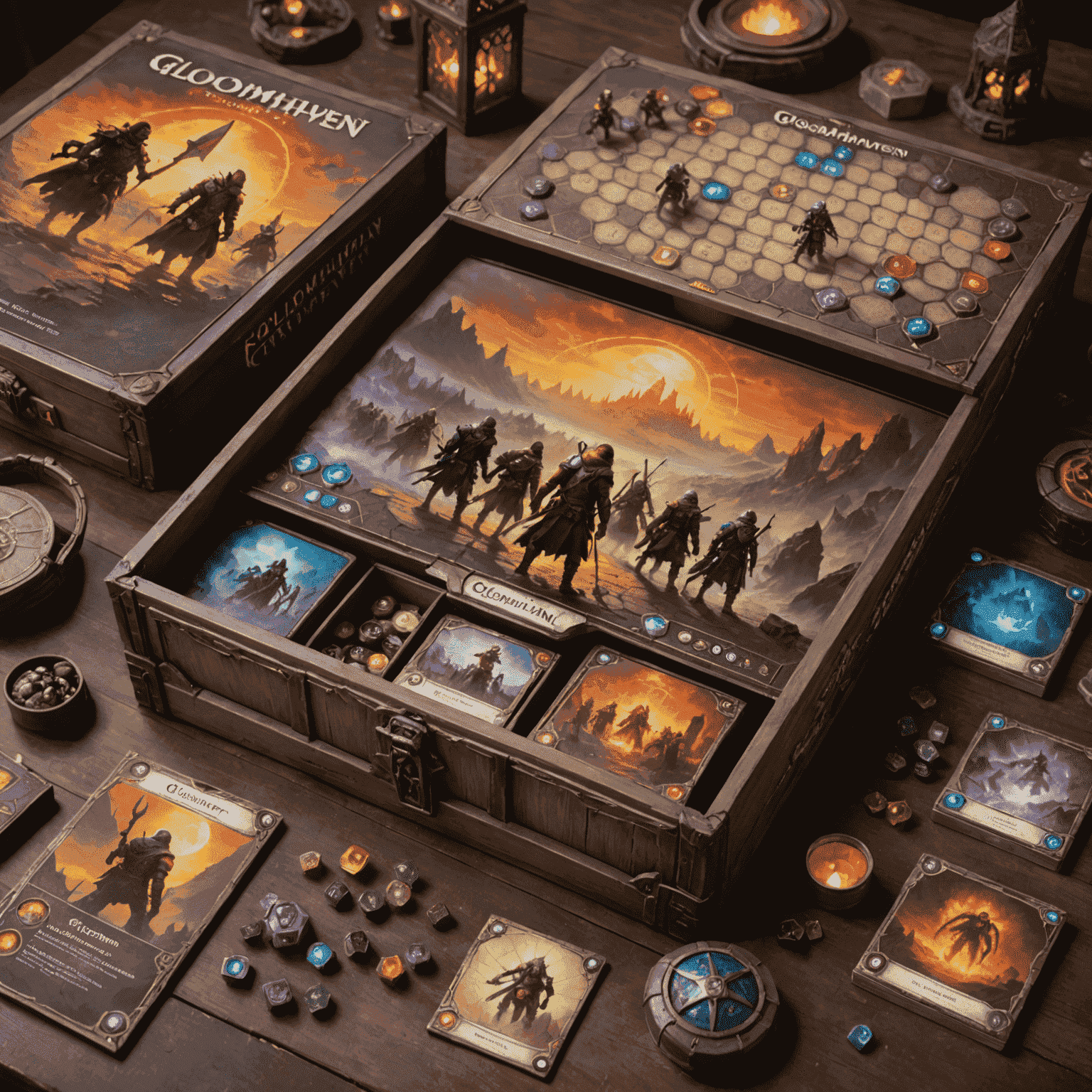 Imagen de la caja del juego Gloomhaven y sus componentes, mostrando miniaturas detalladas y un tablero intrincado
