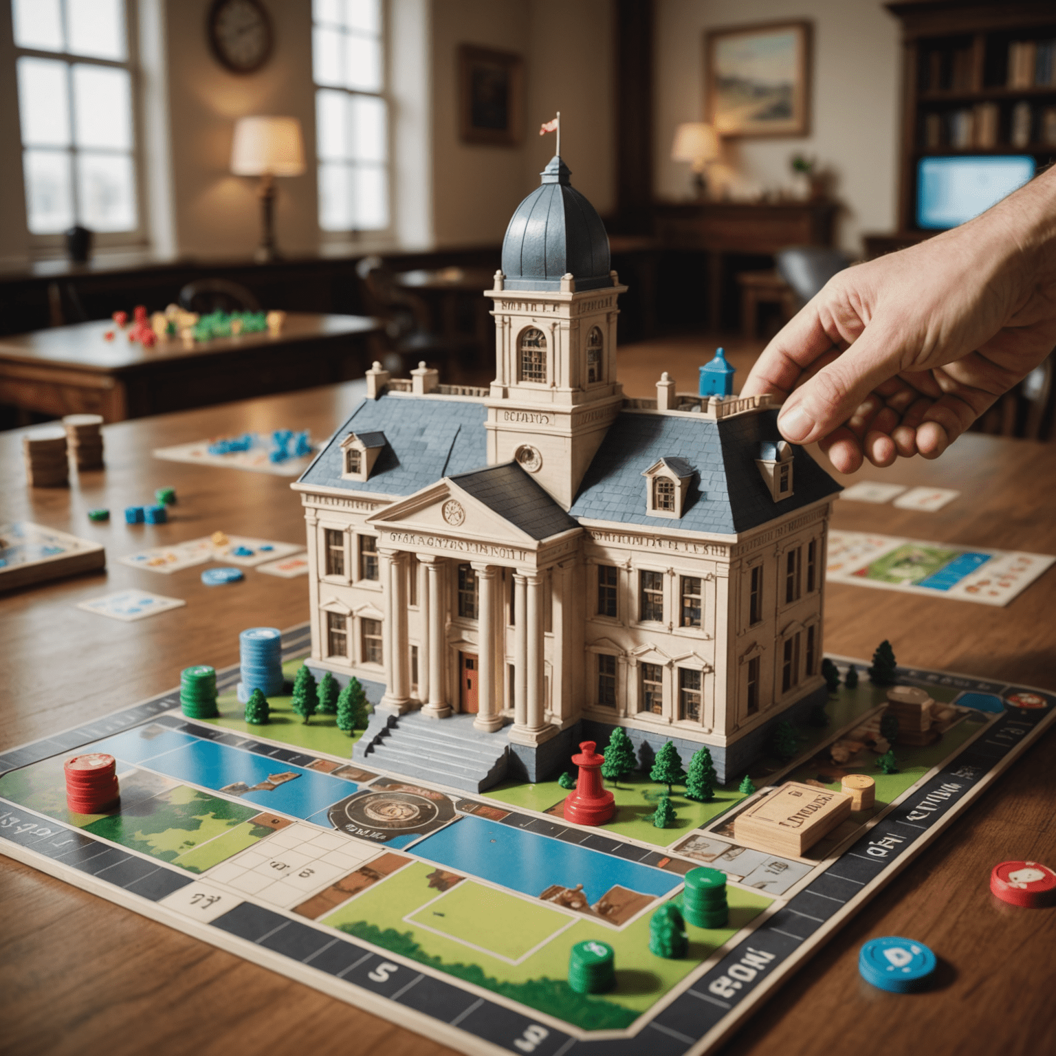 Una balanza con una plataforma de crowdfunding en un lado y un edificio bancario tradicional en el otro, con fichas de juegos de mesa en el centro