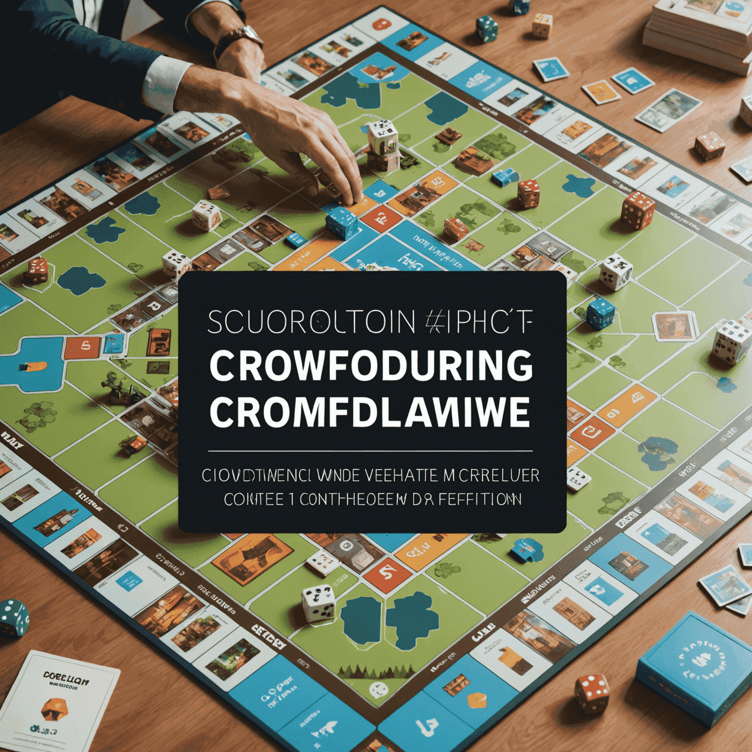 Imagen dividida mostrando una plataforma de crowdfunding en un lado y una oficina de inversión tradicional en el otro, con iconos de juegos de mesa flotando en el medio