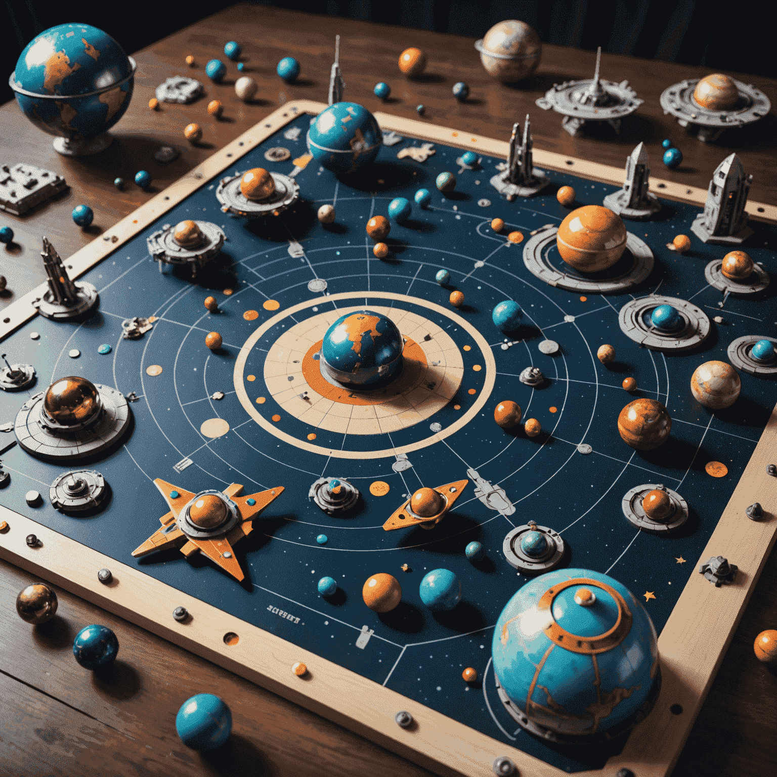 Tablero de juego de 'Estrategia Estelar' con naves espaciales en miniatura y planetas tridimensionales