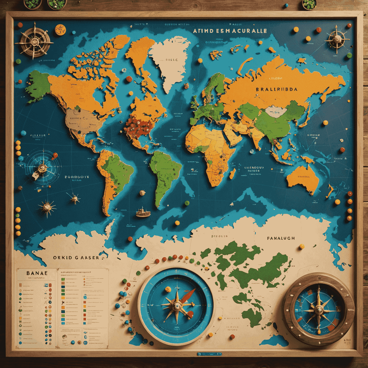 Un mapa mundial con puntos brillantes que representan mercados emergentes de juegos de mesa, con miniaturas de juegos y gráficos de crecimiento superpuestos