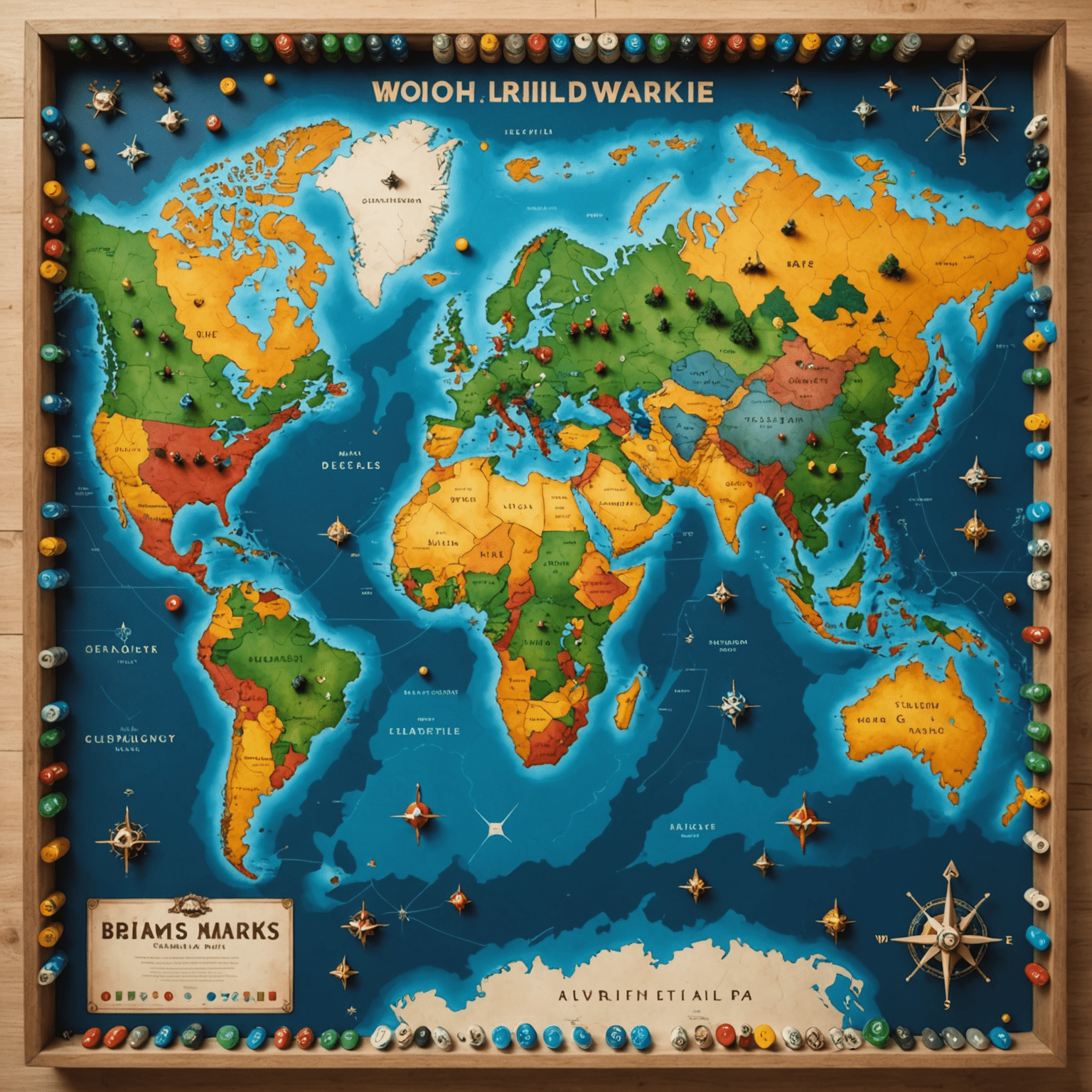 Mapa mundial con puntos brillantes que indican mercados emergentes de juegos de mesa, con miniaturas de juegos populares en diferentes regiones