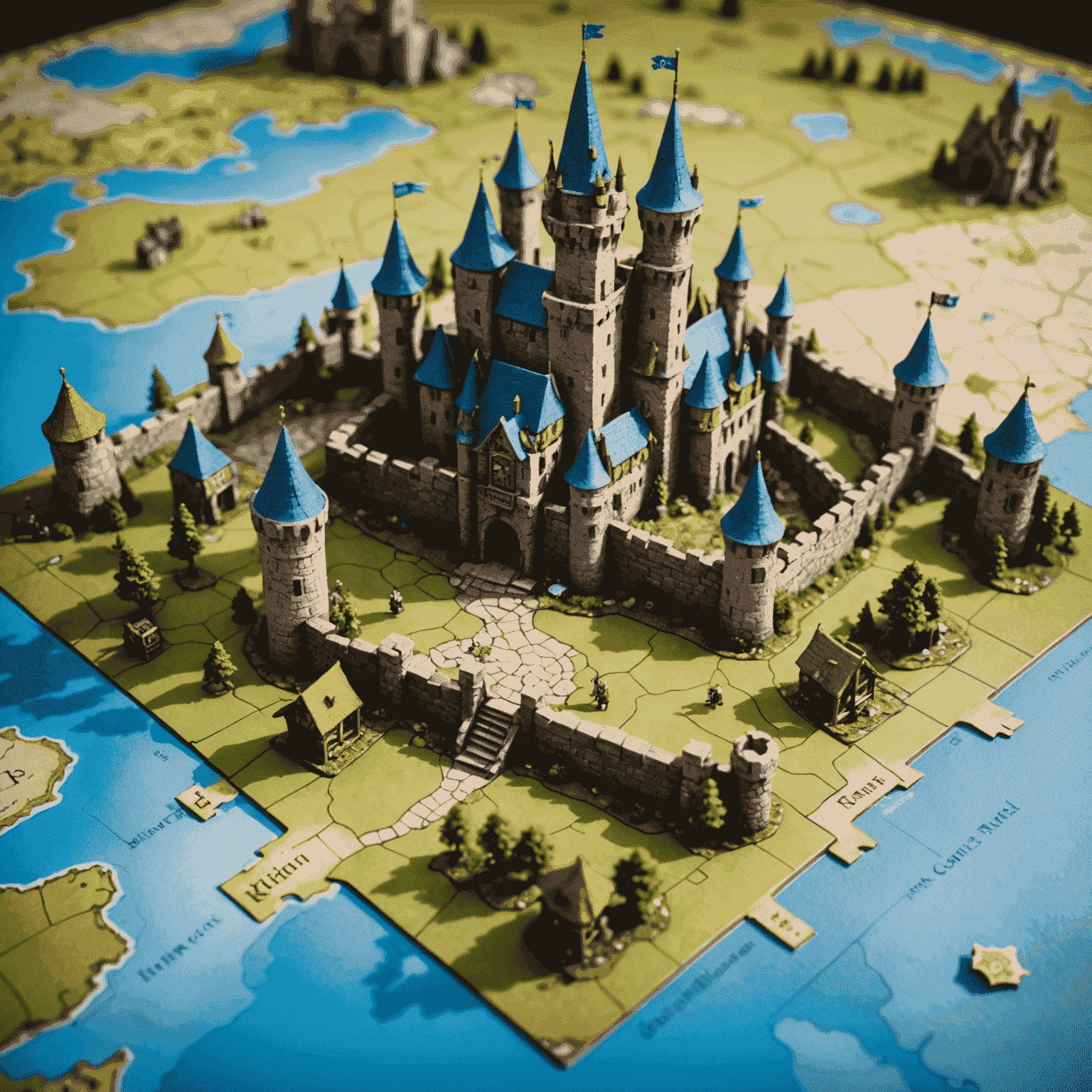 Castillo en miniatura y fichas de personajes de 'Legado del Reino' sobre un mapa detallado