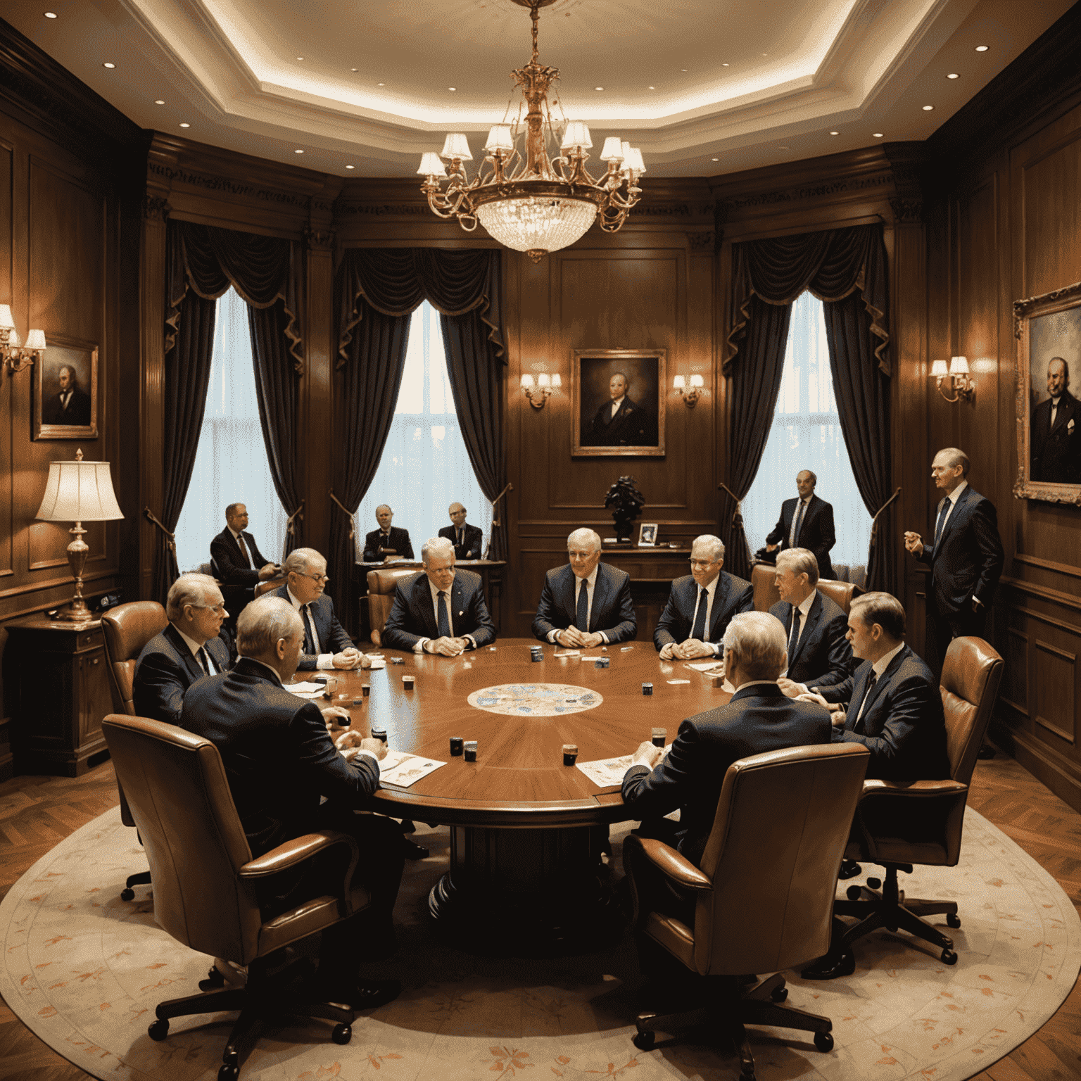 Imagen de una reunión formal entre creadores de juegos de mesa y inversores tradicionales en una sala de conferencias elegante