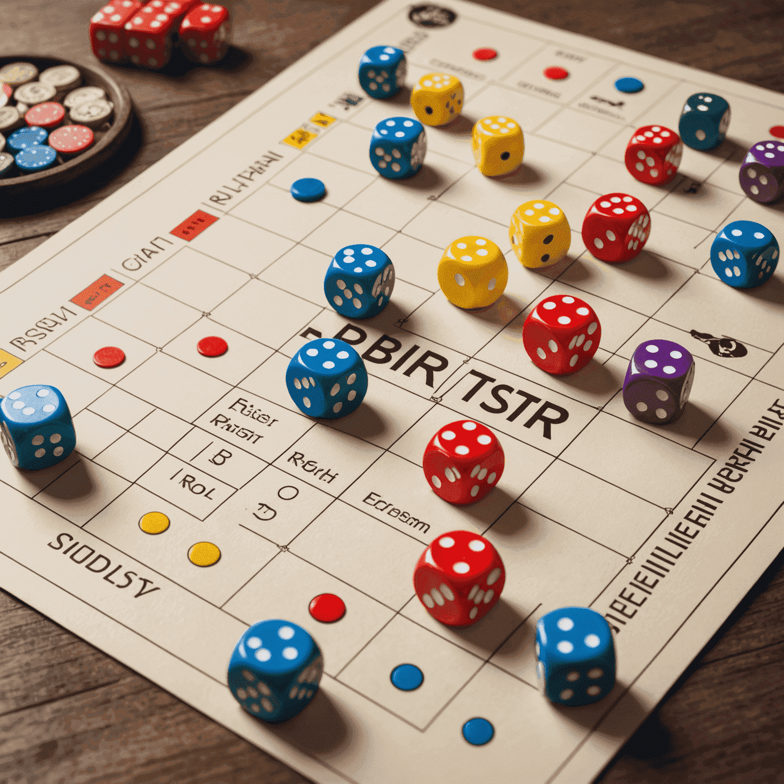 Gráfico de riesgo-recompensa con dados y fichas de juegos de mesa, simbolizando la evaluación de inversiones en la industria