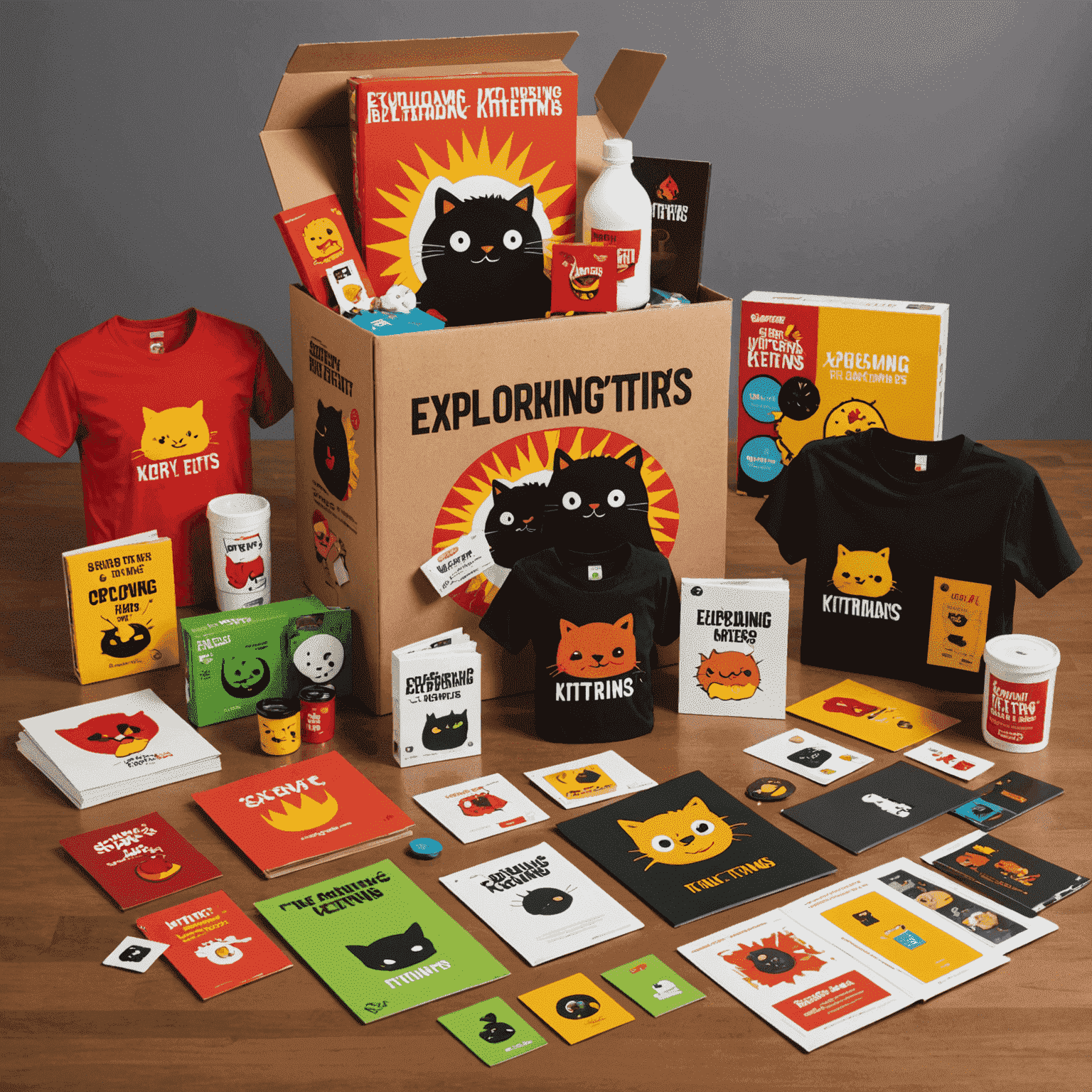 Imagen de la caja del juego Exploding Kittens junto con productos de merchandising como camisetas y peluches