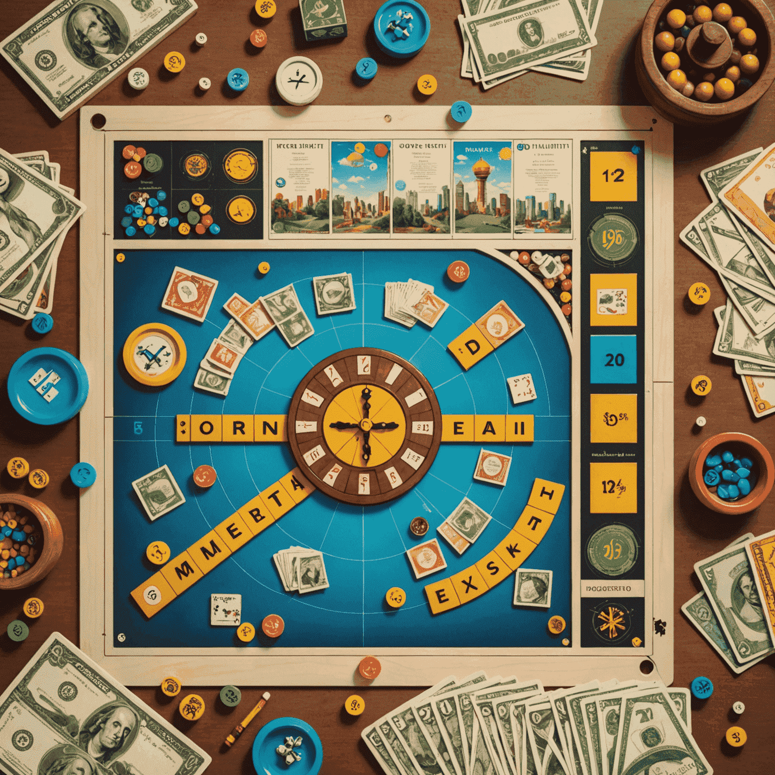 Collage de juegos de mesa exitosos, desde proyectos independientes hasta grandes éxitos de la industria, con gráficos de crecimiento y símbolos de dinero