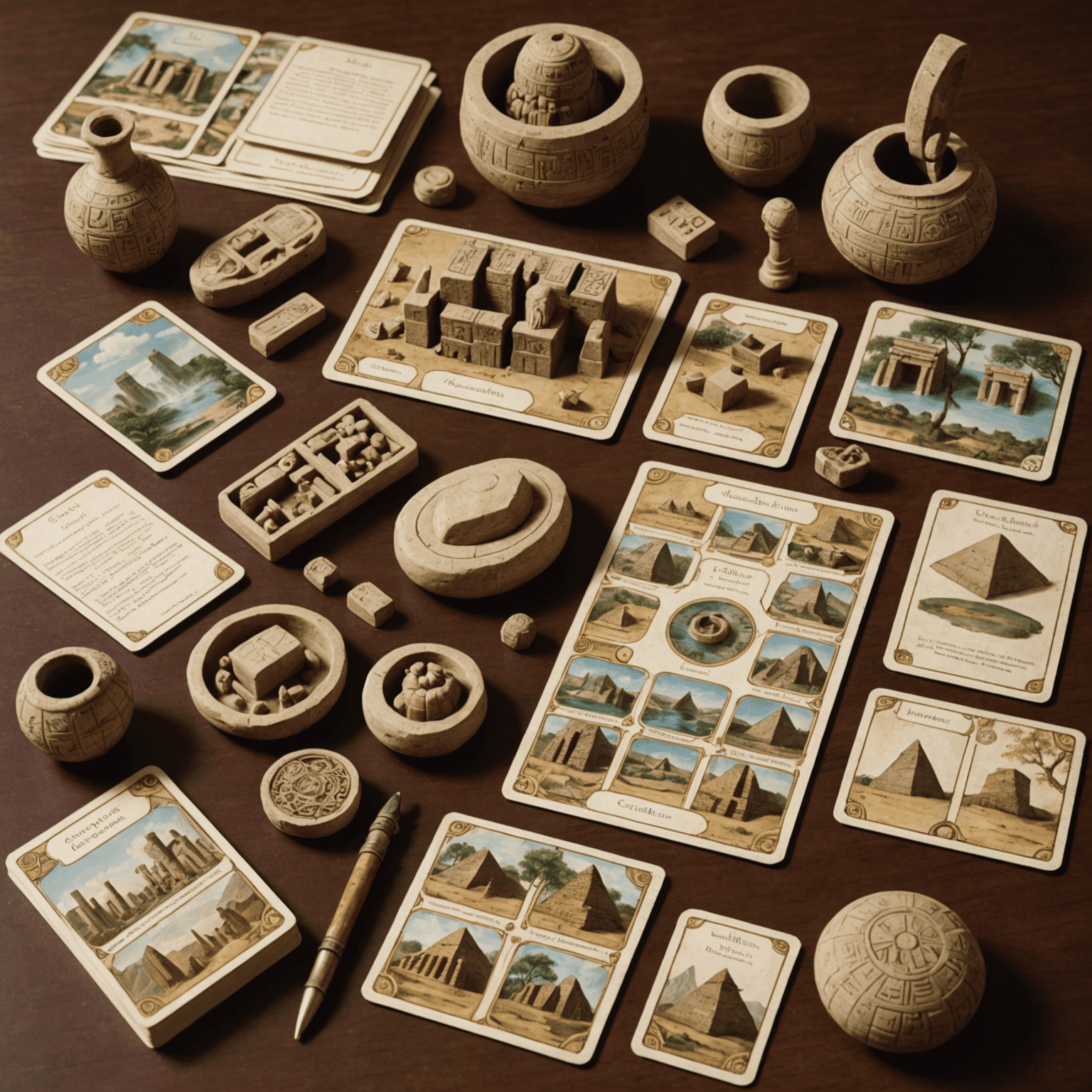 Componentes de 'Misterios de la Antigua Civilización' incluyendo artefactos en miniatura y cartas de pistas