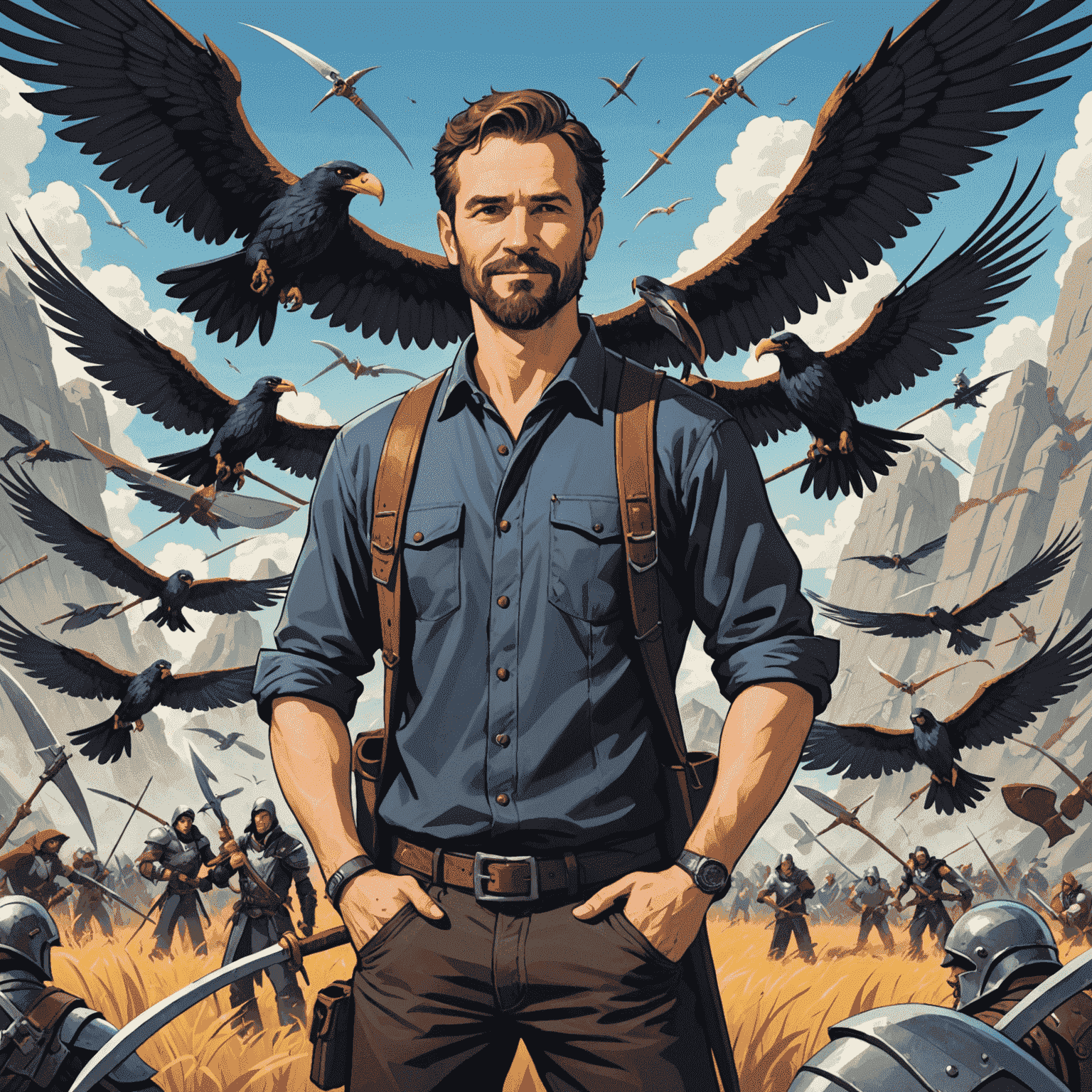 Imagen del fundador de Stonemaier Games, Jamey Stegmaier, rodeado de los juegos exitosos de la compañía como Scythe y Wingspan